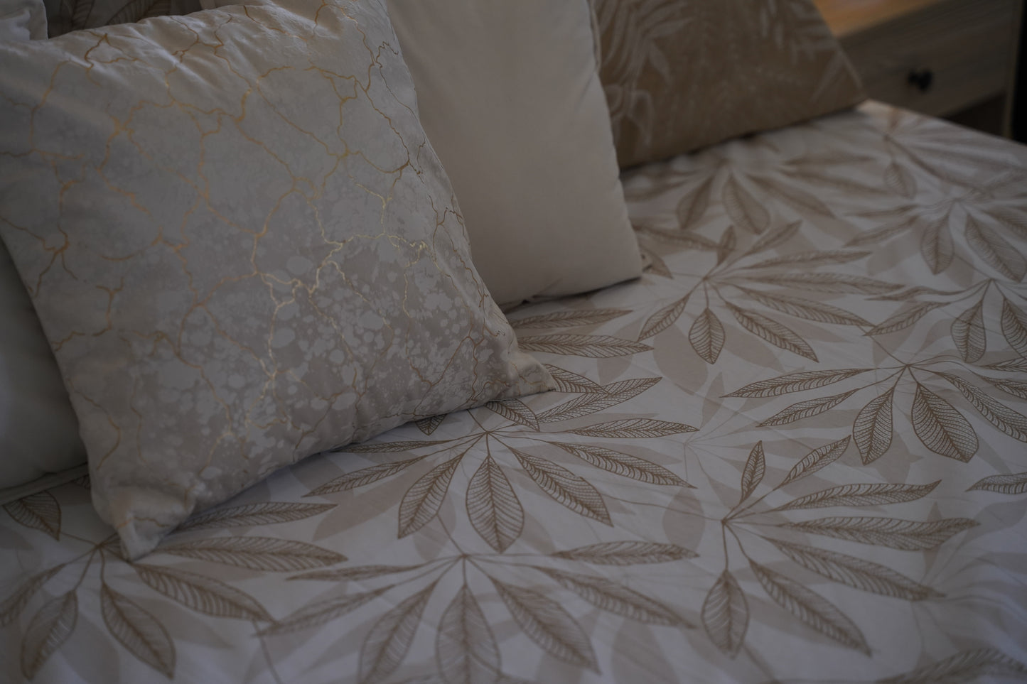 Printed Leaf Bed Sheet Set Cream