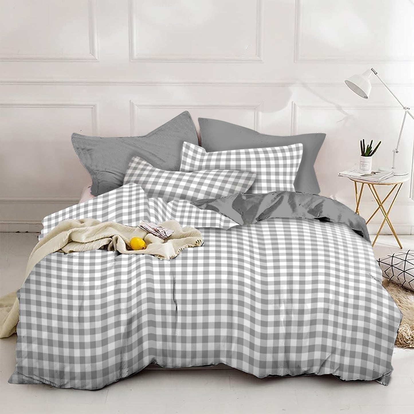 Gingham bedding set with Grey Fitted sheet - King size