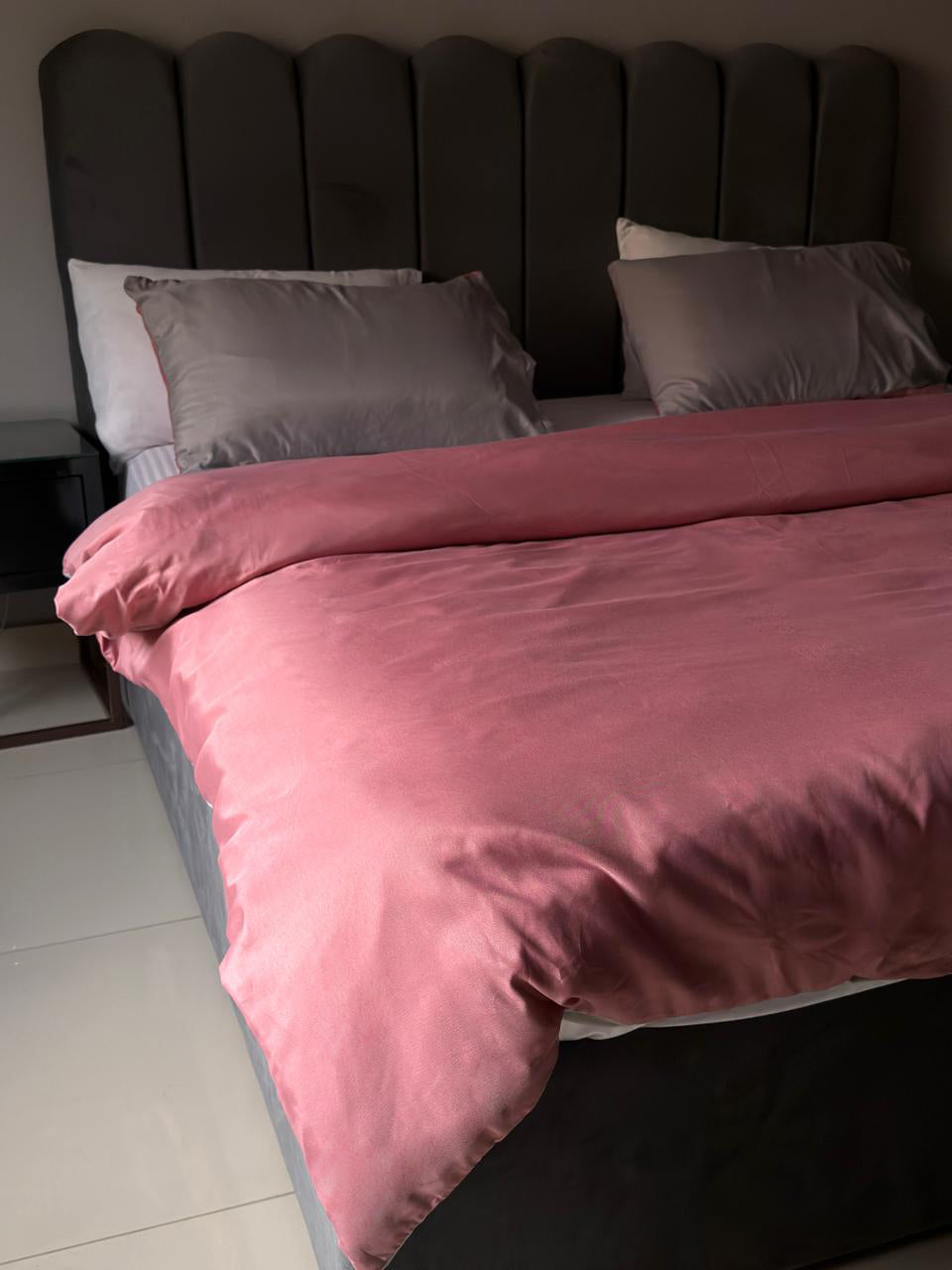 Linen Loft Reversible Rose Pink & Slate Grey Duvet Cover Set - King Size