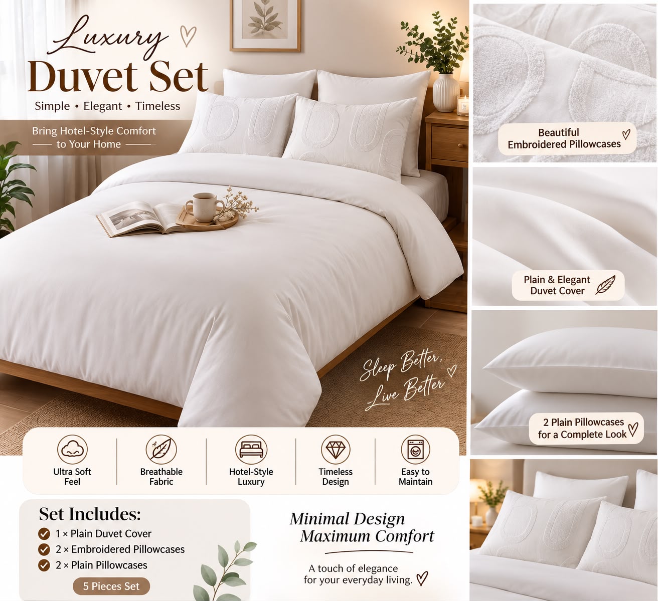 Luxury Plain White Duvet Cover Set with Embroidered Pillowcases