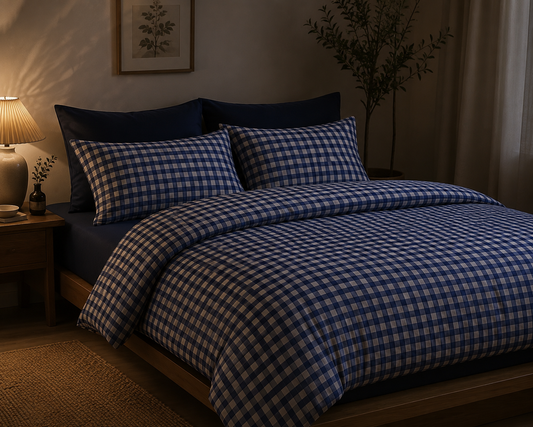 Linen Loft Navy & Blue Gingham Bedding Set with Navy Fitted Sheet – King Size