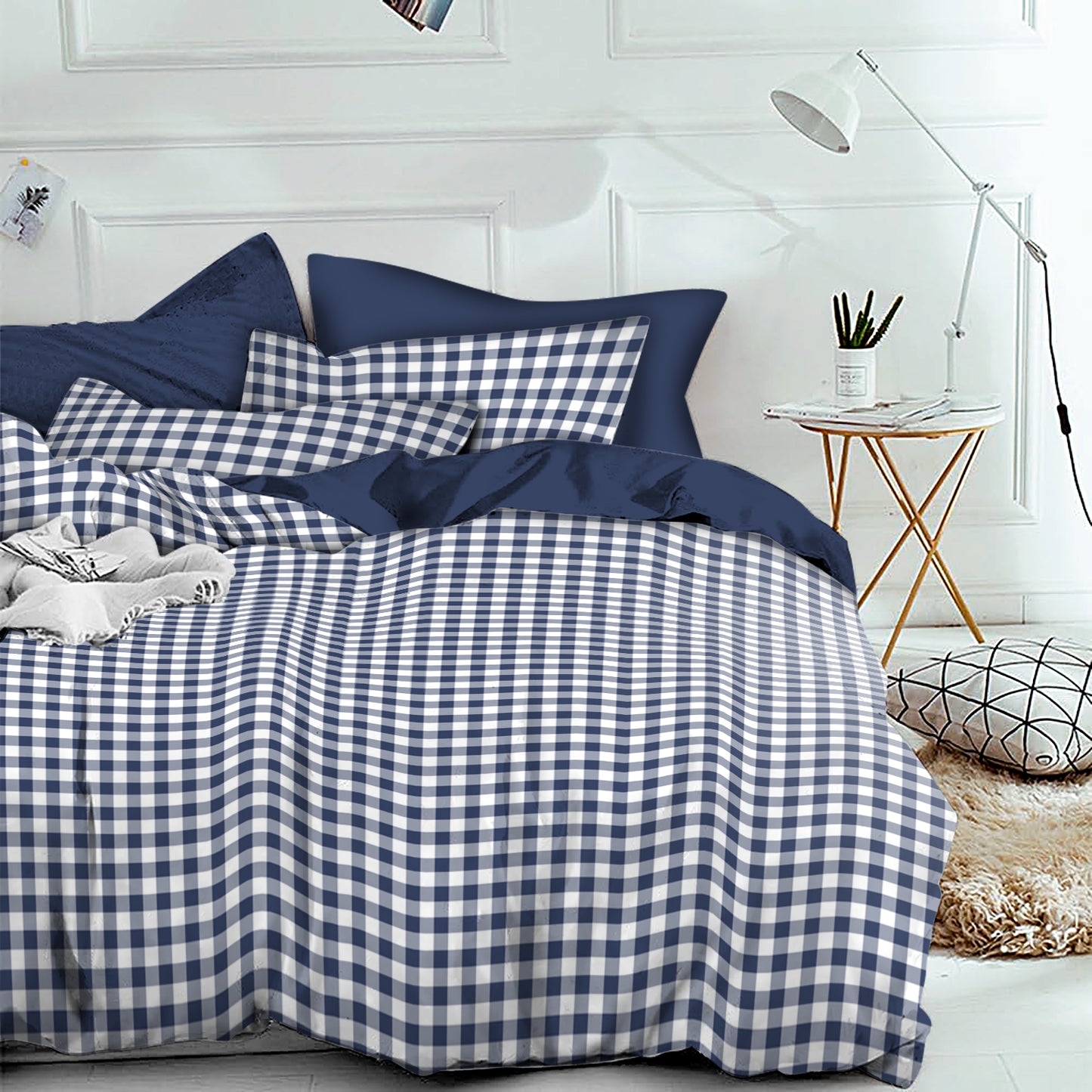 Linen Loft Gingham Duvet Set - Navy & White Checkered Design with Pillow Covers