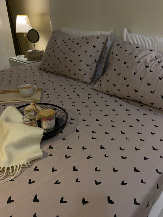 Polka Hearts 100% Cotton Satin King Size Bedsheet with Pillowcases – High Thread Count Bedding (108 x 102 Inches)