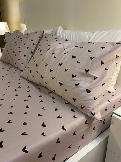 Polka Hearts 100% Cotton Satin King Size Bedsheet with Pillowcases – High Thread Count Bedding (108 x 102 Inches)