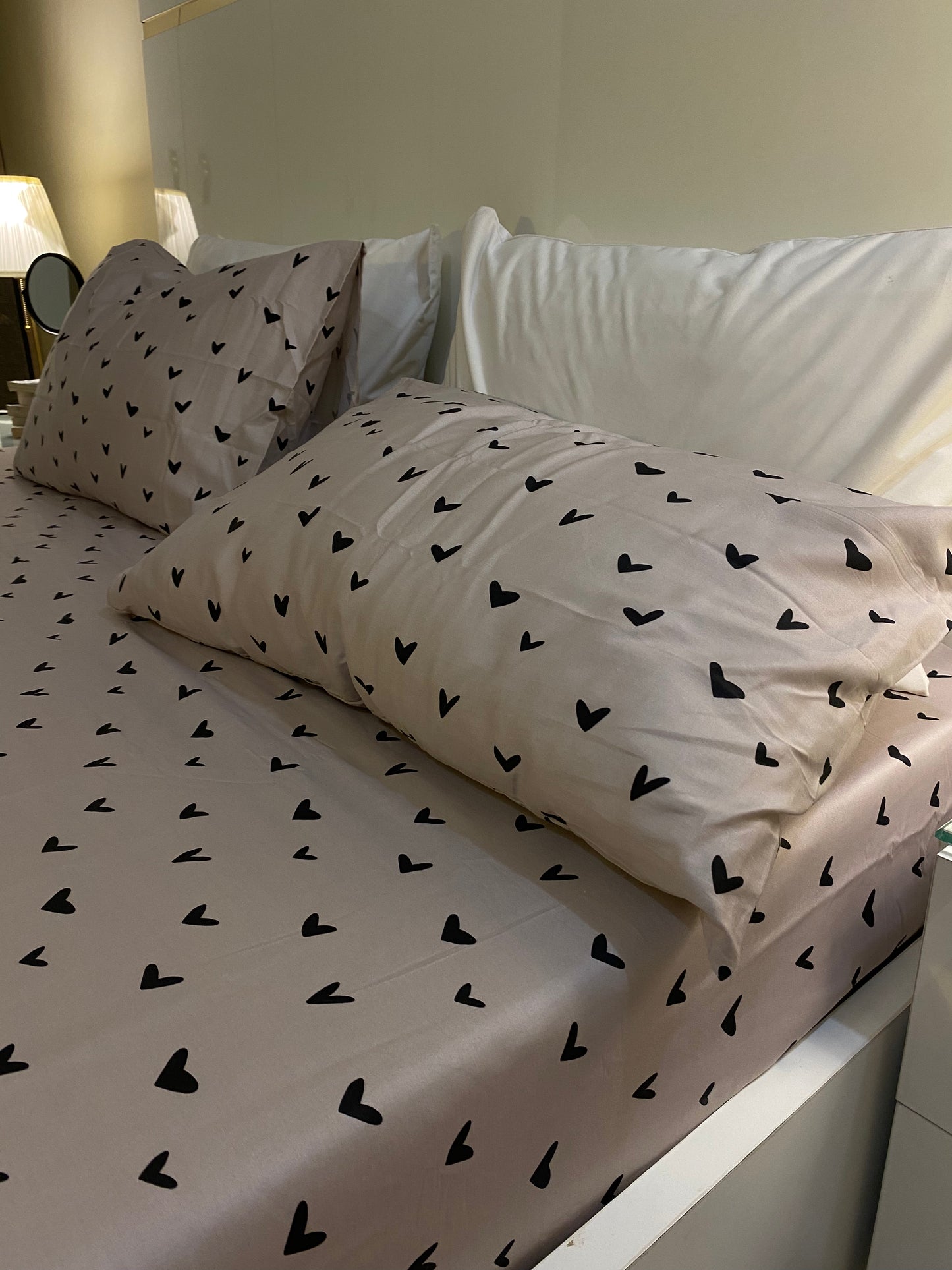 Polka Hearts 100% Cotton Satin King Size Bedsheet with Pillowcases – High Thread Count Bedding (108 x 102 Inches)