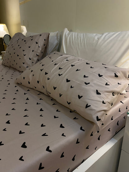 Polka Hearts 100% Cotton Satin King Size Bedsheet with Pillowcases – High Thread Count Bedding (108 x 102 Inches)