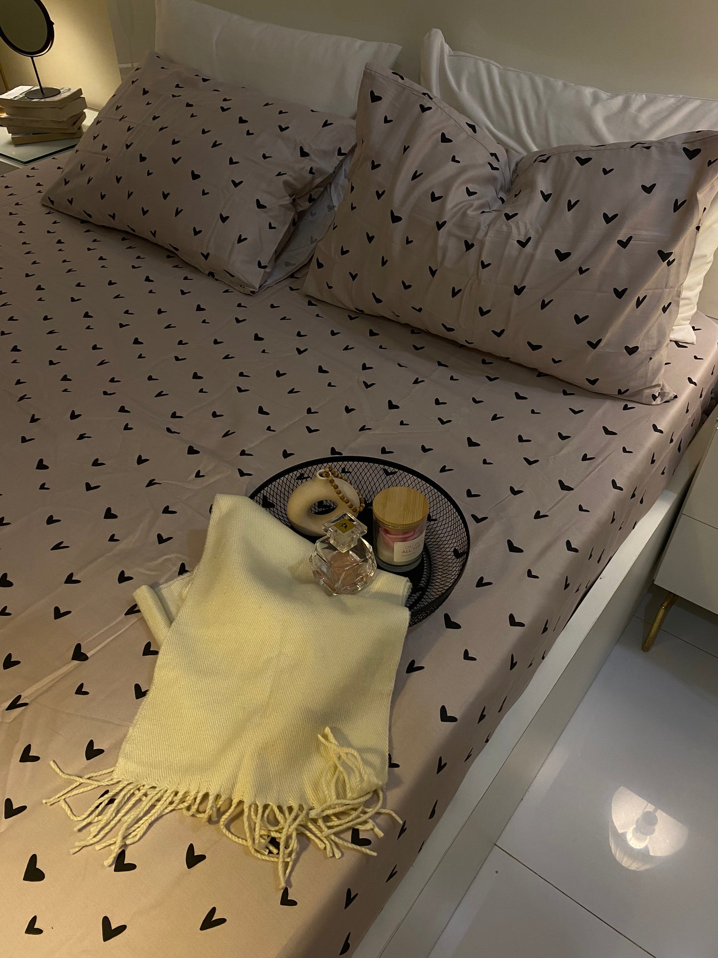 Polka Hearts 100% Cotton Satin King Size Bedsheet with Pillowcases – High Thread Count Bedding (108 x 102 Inches)