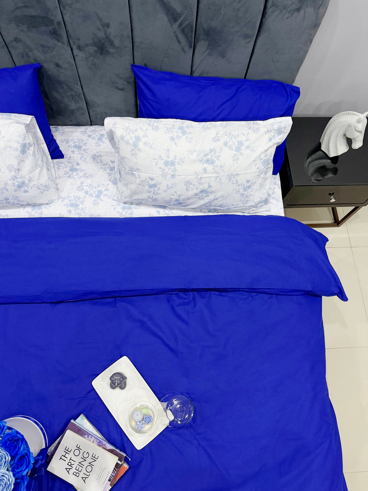 Linen Loft Blue Duvet Cover Set With Floral Bedsheet- King size