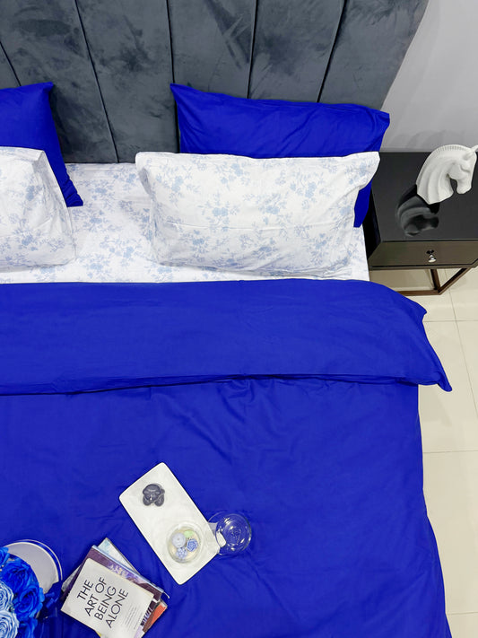 Linen Loft Blue Duvet Cover Set With Floral Bedsheet- King size