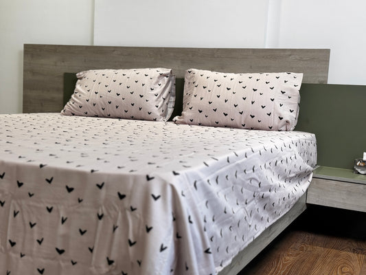 Polka Hearts 100% Cotton Satin King Size Bedsheet with Pillowcases – High Thread Count Bedding (108 x 102 Inches)