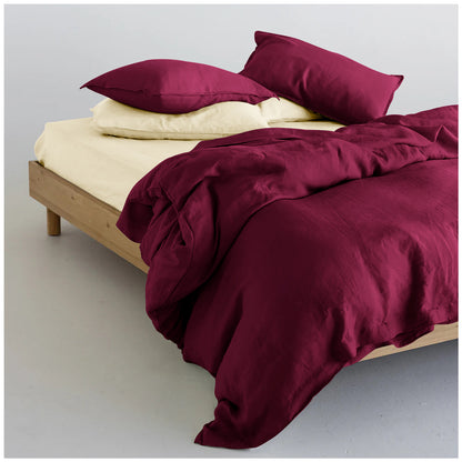 Linen Loft Plum & Ivory Bed Set Bundle – Flat Sheet with Pillowcases & Duvet Cover Set Standard King Size