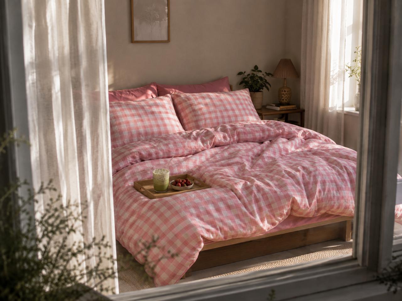 Linen Loft Blush Pink Gingham Bedding Set