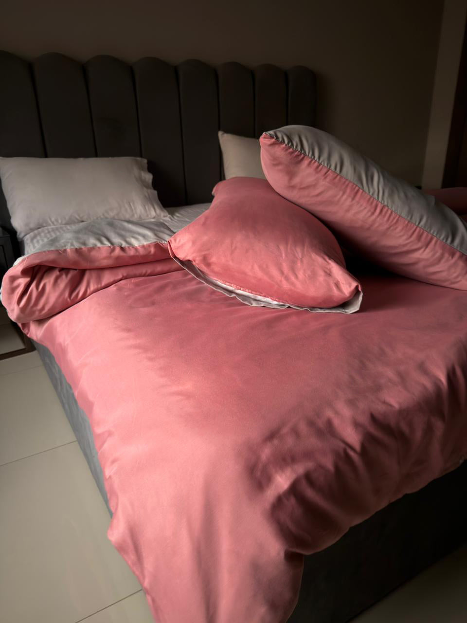 Linen Loft Reversible Rose Pink & Slate Grey Duvet Cover Set - King Size