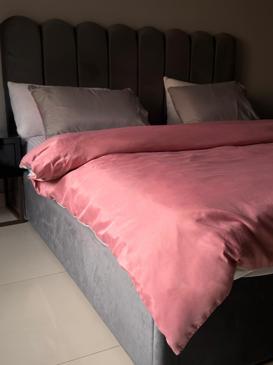 Linen Loft Reversible Rose Pink & Slate Grey Duvet Cover Set - King Size
