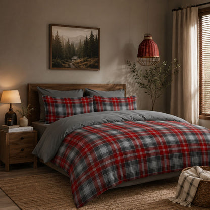 Linen Loft Burgundy & Charcoal Checkered Duvet Cover Set