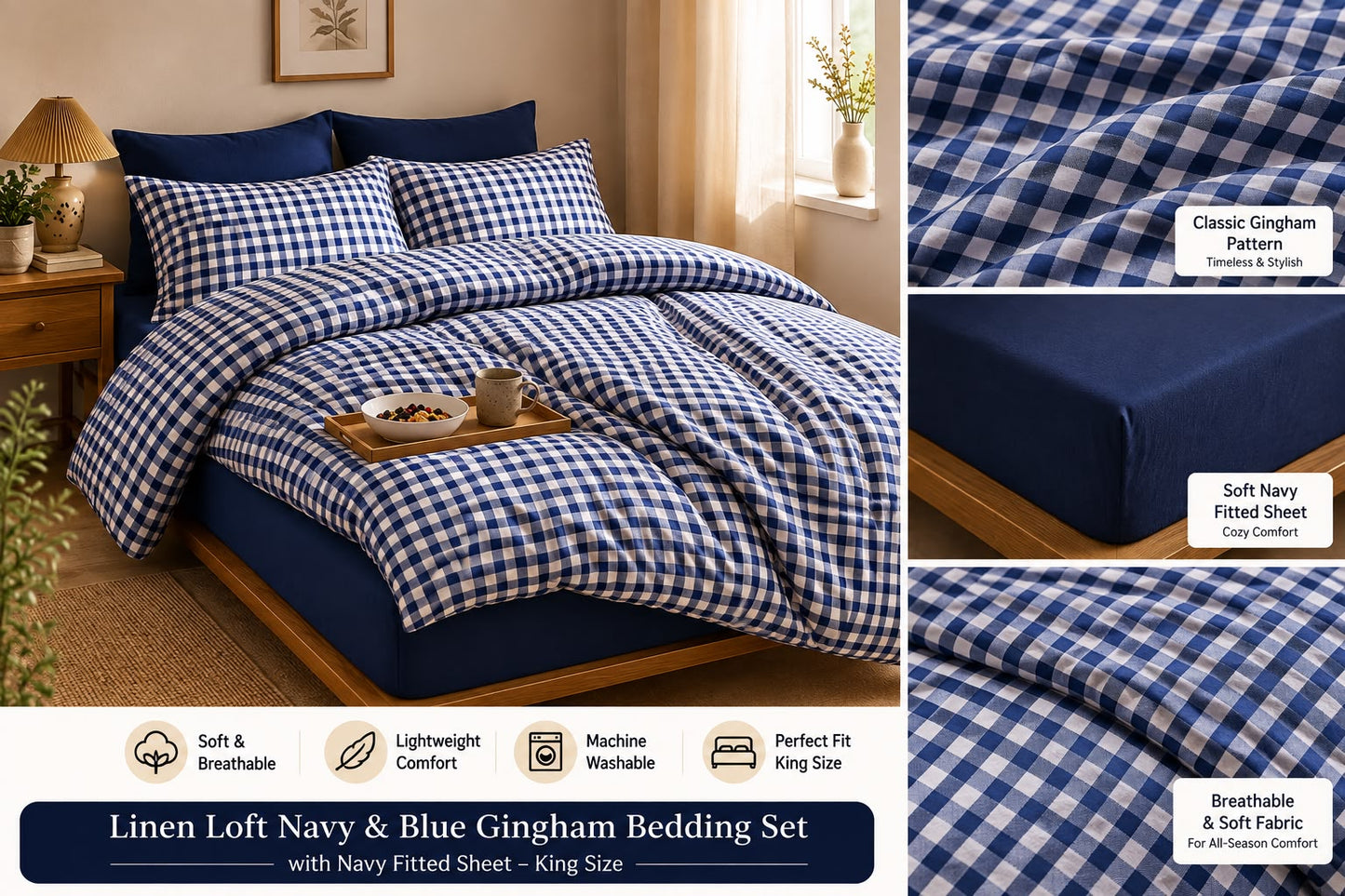 Linen Loft Navy & Blue Gingham Bedding Set with Navy Fitted Sheet – King Size