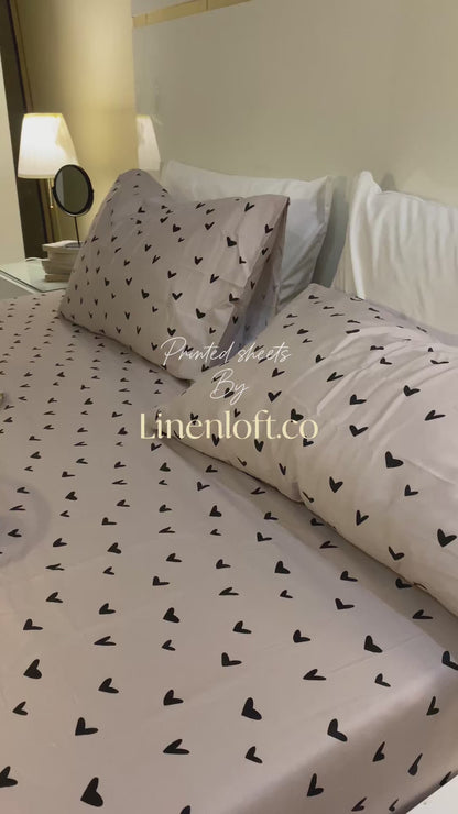 Polka Hearts 100% Cotton Satin King Size Bedsheet with Pillowcases – High Thread Count Bedding (108 x 102 Inches)