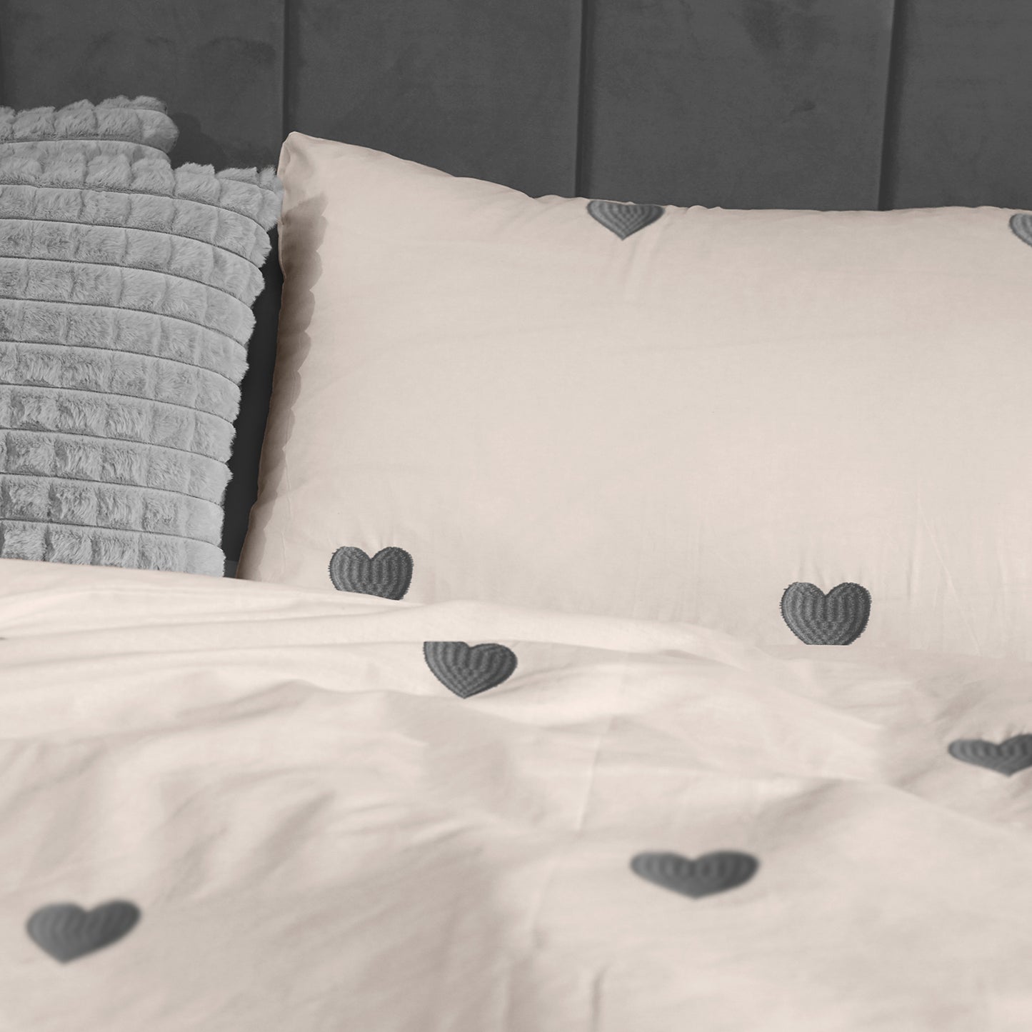 Linen Loft Blush Grey Heart Embroidered Duvet Set