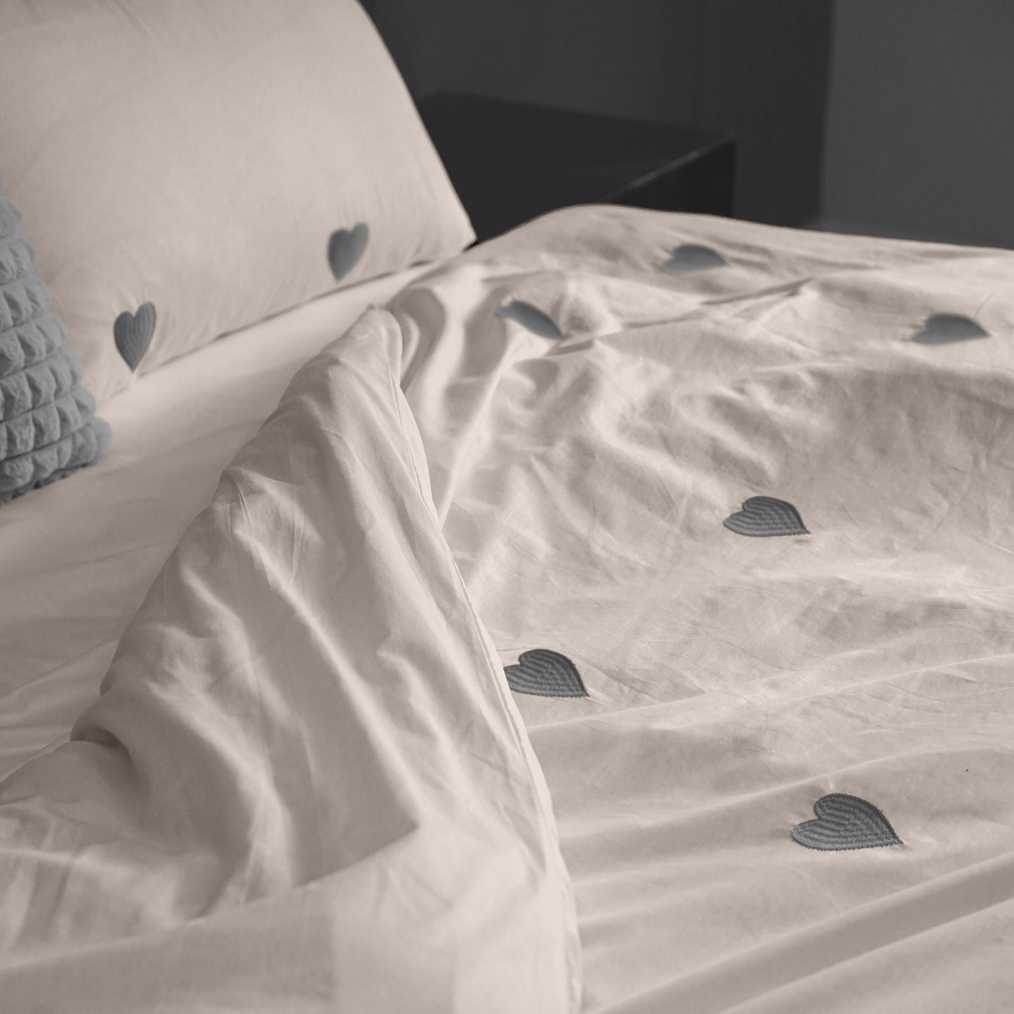 Linen Loft Blush Grey Heart Embroidered Duvet Set