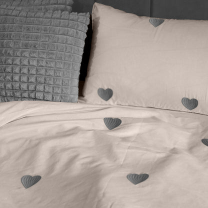 Linen Loft Blush Grey Heart Embroidered Duvet Set