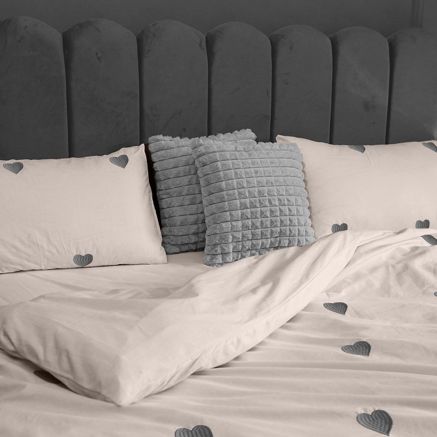 Linen Loft Blush Grey Heart Embroidered Duvet Set
