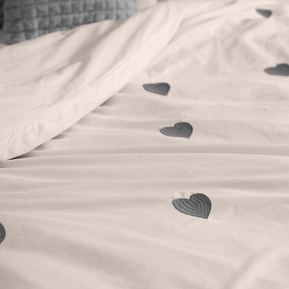 Linen Loft Blush Grey Heart Embroidered Duvet Set